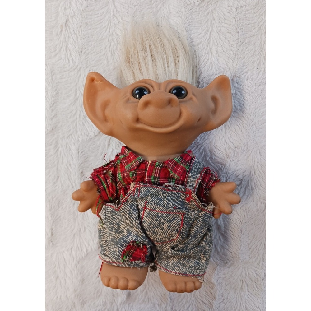 Uneeda WISHNIK Farmer Troll White Hair 8 Inch Doll with Bib Overalls Plaid Shirt